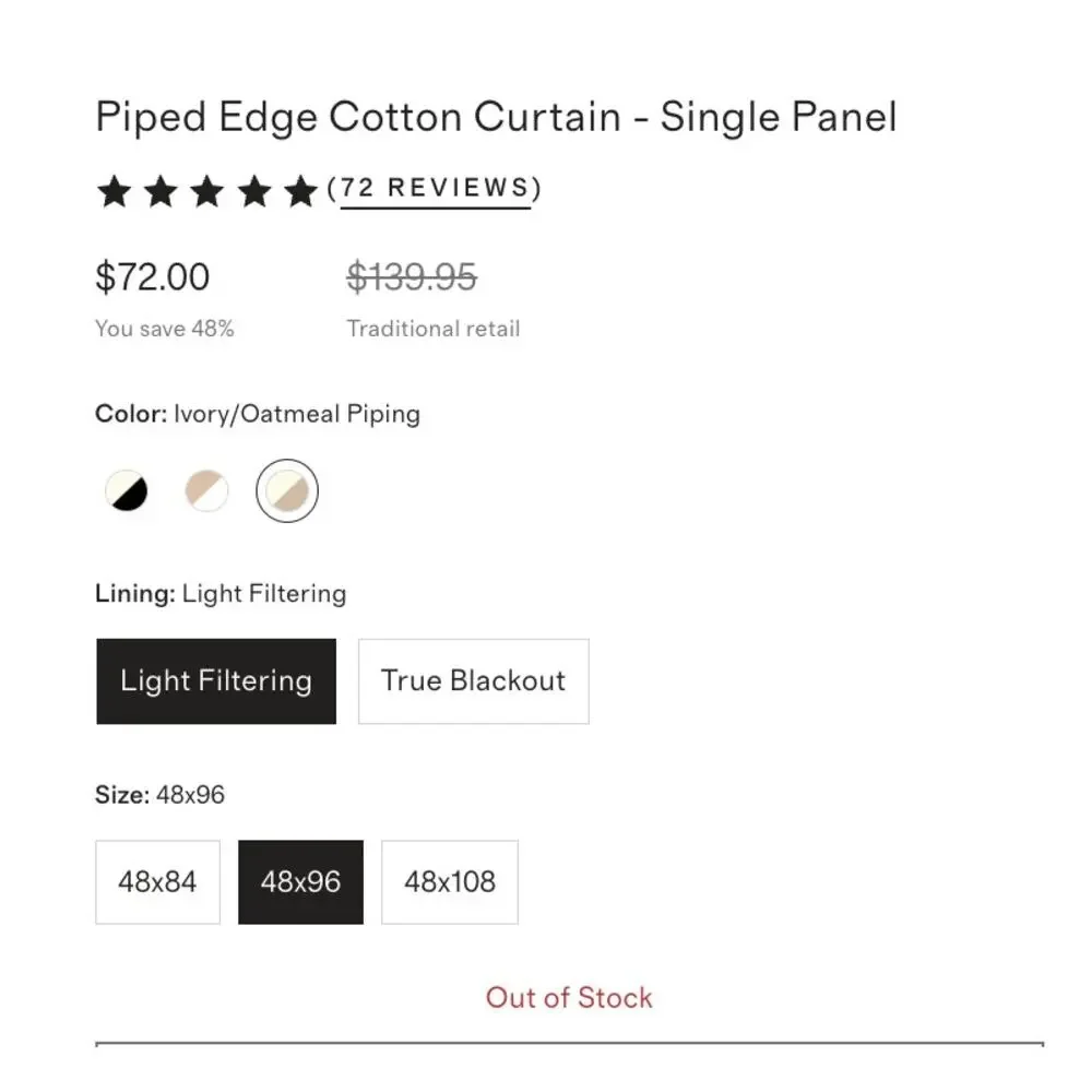 QUINCE Piped Edge Light Filtering Curtain 48x96 Ivory/Oatmeal